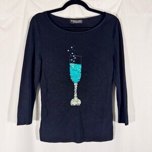 Robbie Bee Vintage Black Knit Top w/ Sequin Champagne Glass Graphic